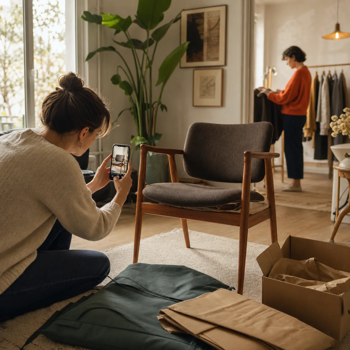 Editorial representation of a person preparing a second-hand item for a social marketplace listing