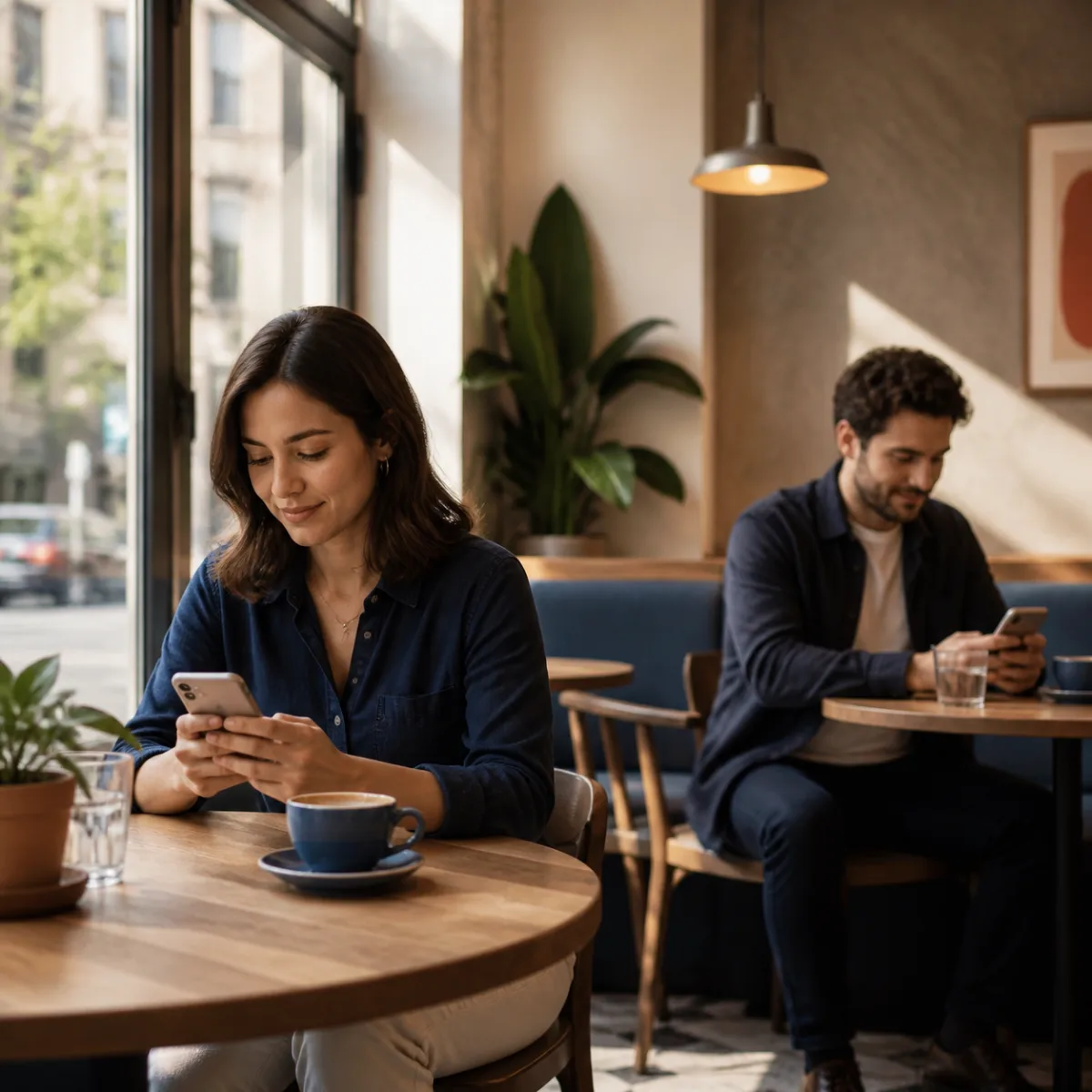 Editorial representation of two adults separately using a private mobile connection app in a cafe