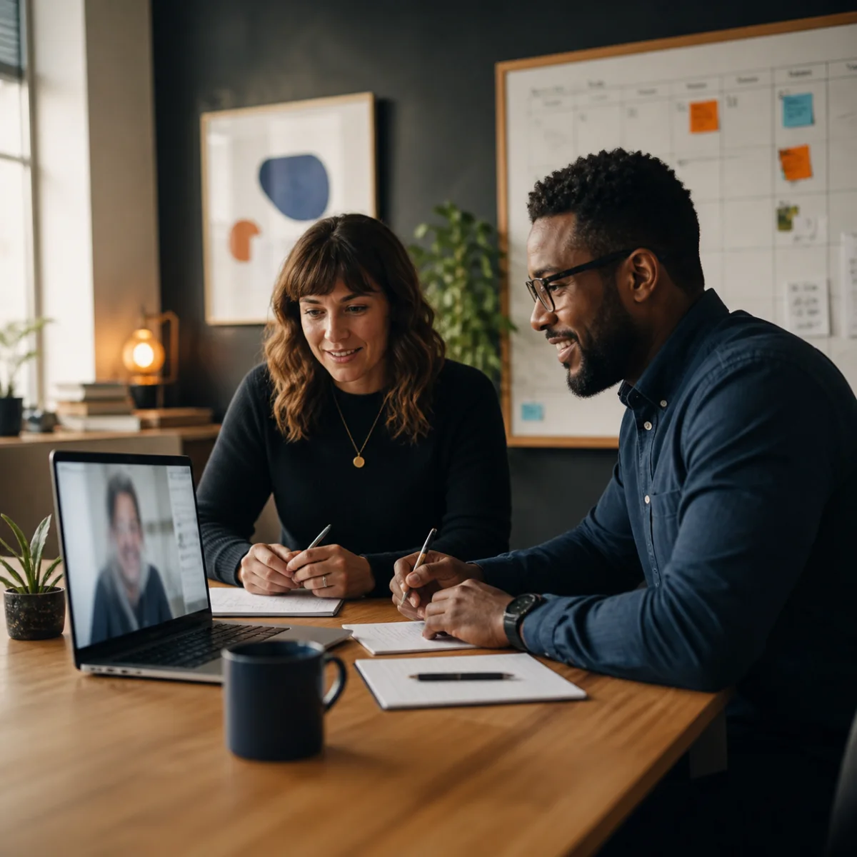 Editorial representation of a hiring team reviewing candidate information together