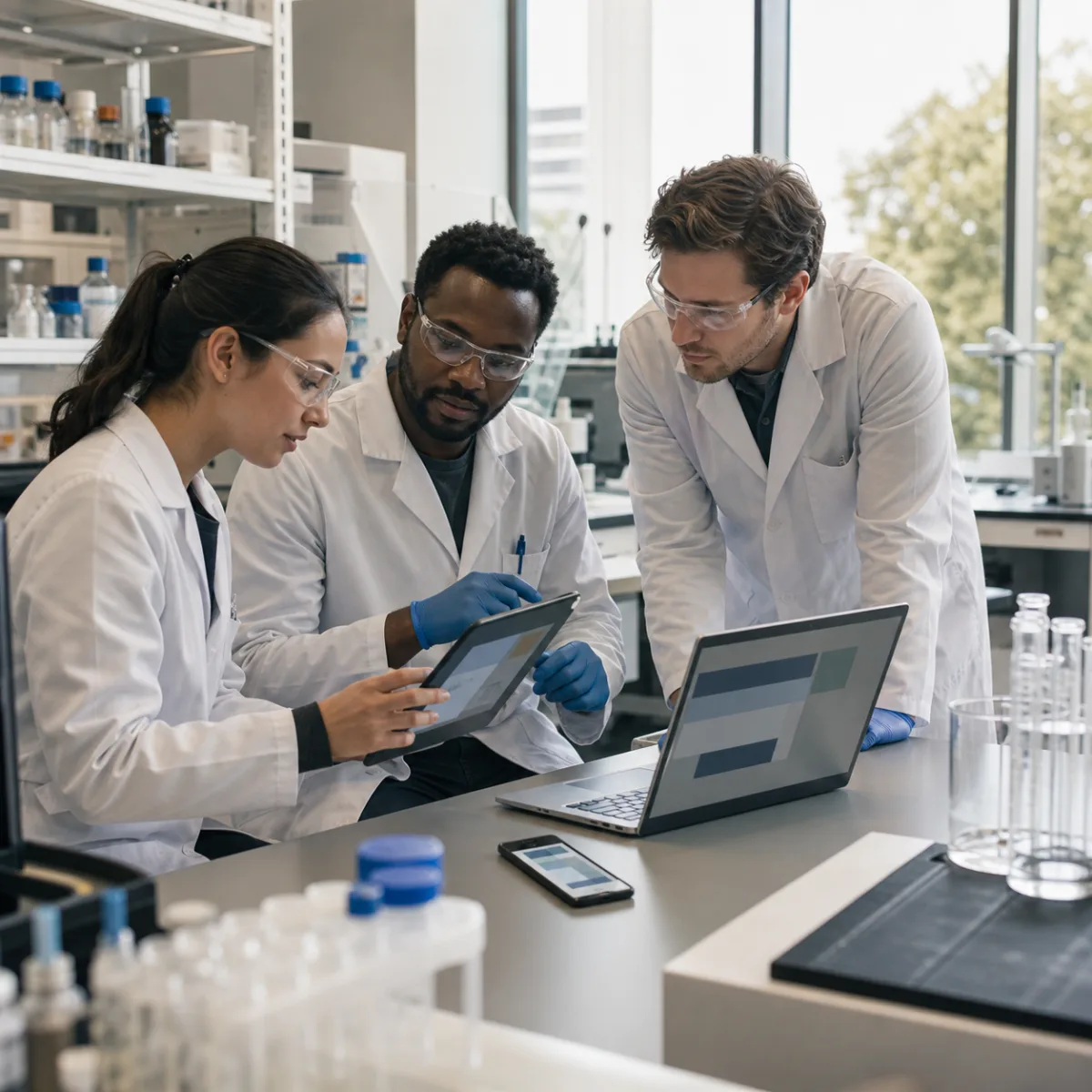 Editorial representation of a research team coordinating work across laboratory, web, tablet, and mobile tools