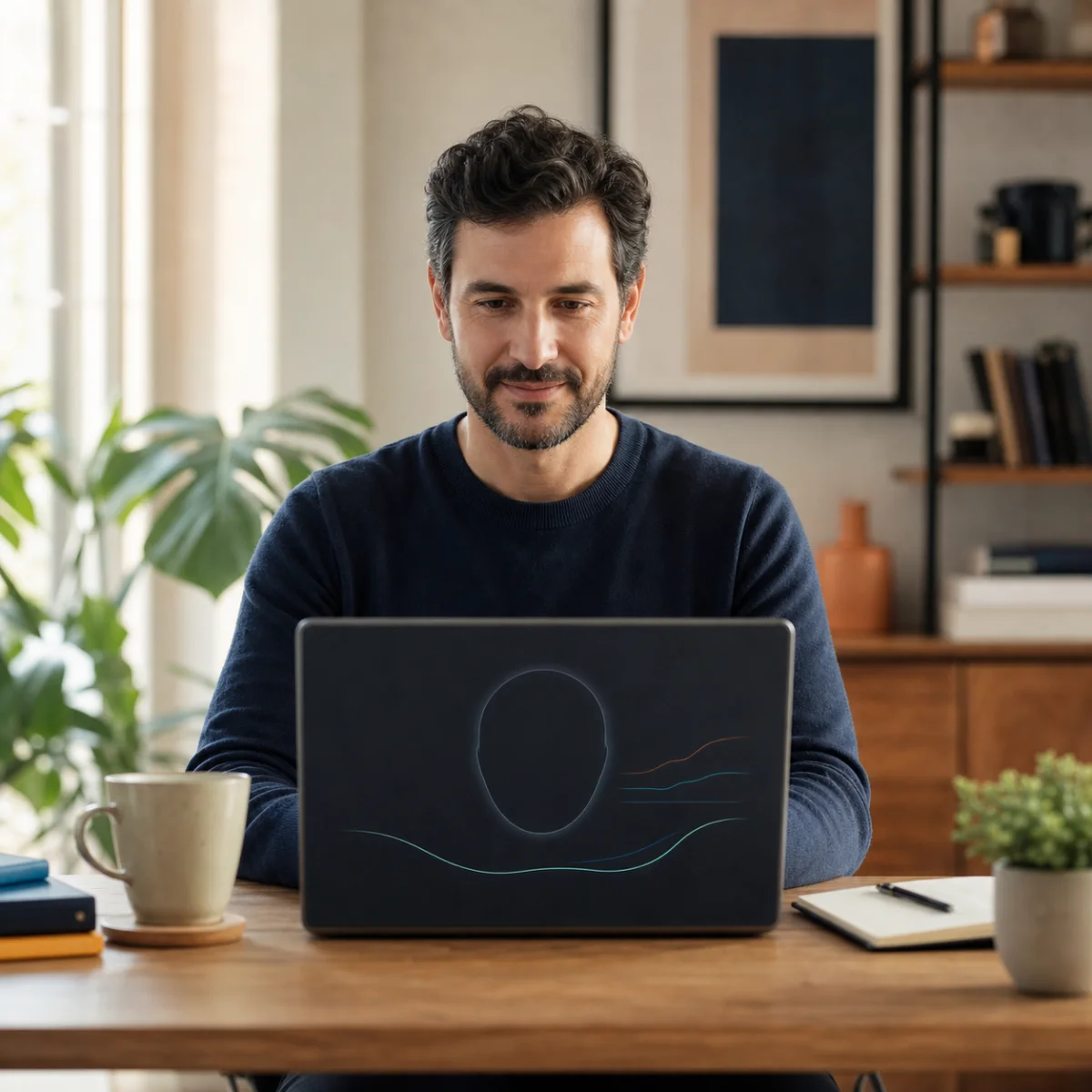 Editorial representation of a person using a calm non-contact wellbeing check-in